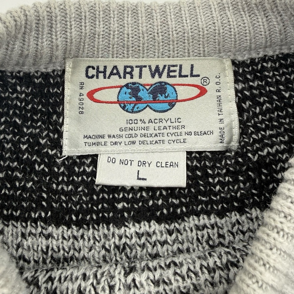 Vintage 80s 90s Y2K Chartwell Knit Sweater Sz Large Leather Chunky Knit - Picture 2 of 9
